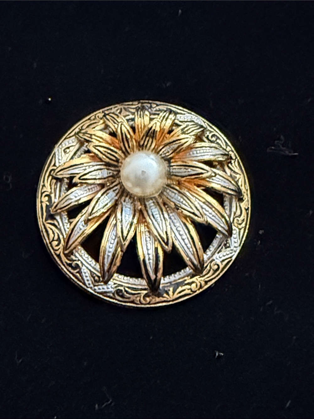 Damascene Vintage Flower and faux pearl dome brooch stamped Spain